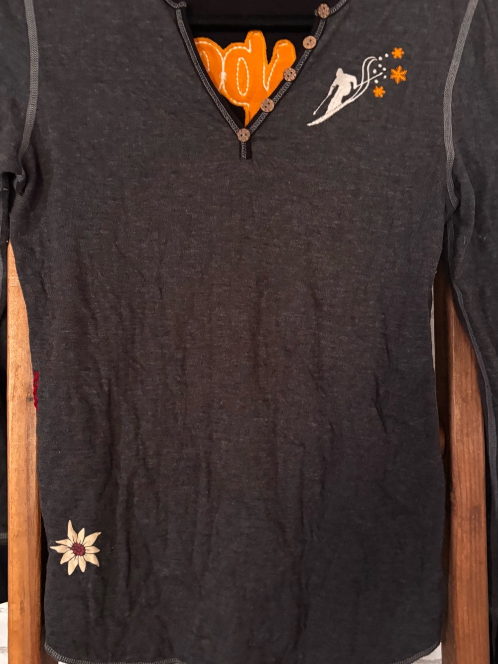 Dark Heathered Long Sleeve Top with Embroidered Snowboard Graphic